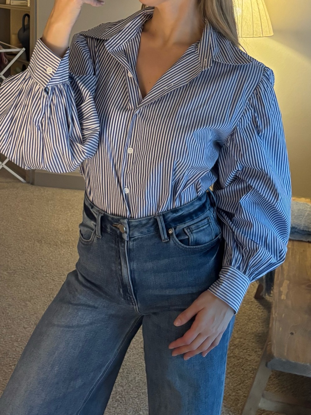 Olivaceous Blue and White Striped Button-Down Shirt